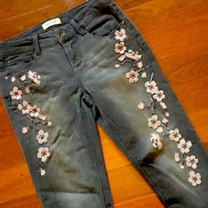 Grey Jeans w/ Pink Embroidered Flowers